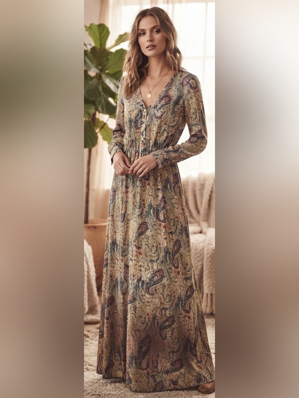 Indigo Rose Boho Paisley Chiffon Maxi Dress Size L Long Sleeve V-Neck